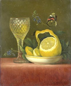 Natura morta con limone e bicchiere tagliato
