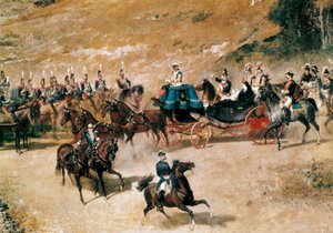 Regina Maria Cristina e sua figlia, Isabella II, che ispezionano le batterie di artiglieria che difendono Madrid nel 1837 (dettaglio)