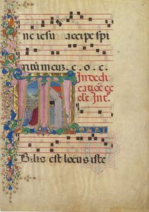 Foglio di manoscritto con la dedicazione di una chiesa in una iniziale T, da un Graduale, 2ª metà XV secolo da Mariano del Buono