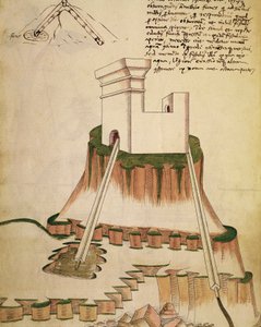 Studio sulla corretta installazione di un pozzo e il drenaggio per una fortezza, illustrazione da un