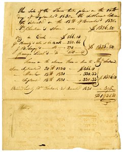 Documento riguardante la vendita di schiavi e la quota spettante a vari individui, novembre 1831