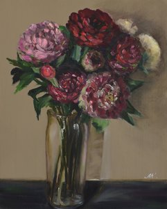 Peonie rosso scuro in vaso di vetro - Suggestivo dipinto floreale a olio