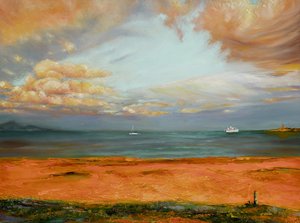 Paesaggio marino con cielo arancione