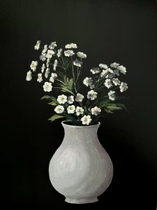 Dipinto di fiori bianchi – Arte botanica monocromatica in vaso bianco per la casa, l
