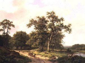 Paesaggio boscoso con contadini