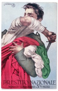Un soldato italiano difende il Tricolore con la spada sguainata. Cartolina postale di propaganda per il Prestito Nazionale, 1915-18 circa (cartolina)