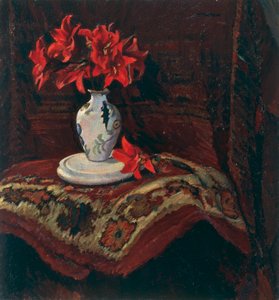 Tappeto e vaso con gigli rossi da Mario Puccini