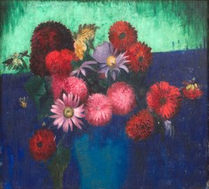 Natura morta, dalie e margherite in un vaso blu da Mark Gertler