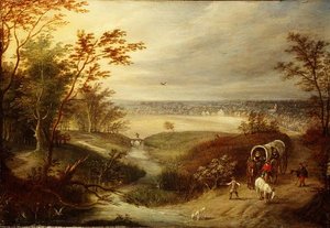 Un ampio paesaggio boscoso con un carro a un guado da Marten (attr. to) Ryckaert