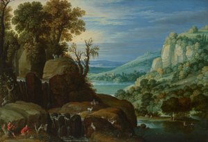 Un ampio paesaggio fluviale con caprai che suonano le canne accanto a una cascata, una vista lontana di un lago e della città al di là di esso