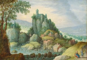 Paesaggio panoramico con un fiume, un castello su uno sperone roccioso e un mulino ad acqua sottostante