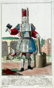 Mestiere: Un rilegatore. Incisione di Martin Engelbrecht (1684-1756), in "Nuova assemblea delle manovre vestite" XVIII secolo, Germania. Parigi, Arti Decorative