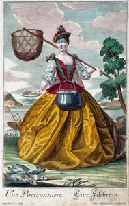 Mestiere: Un pesce. Incisione di Martin Engelbrecht (1684-1756), in "Nuova assemblea delle manovre vestite" XVIII secolo, Germania. Parigi, Arti Decorative