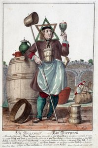 Rappresentazione di un birraio con una fontana, un bicchiere, una brocca, un secchio, una botte, un martello, una ciotola, un brocco, una caldaia. Incisione di Martin Engelbrecht