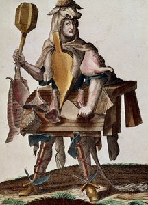 Il macellaio, incisione da Assemblage des nouveau manouvries habilles da Martin Engelbrecht