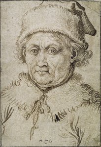 Immagine a busto nudo di un uomo anziano con collo di pelliccia e cappello da Martin Schongauer