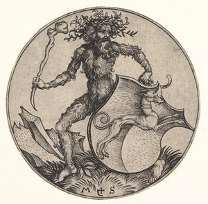 Scudo con levriero tenuto da uomo selvaggio, ca. 1435-1491 da Martin Schongauer