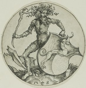 Scudo con un levriero, tenuto da un uomo selvaggio da Martin Schongauer