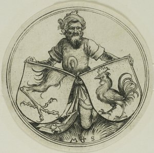Scudo con zampa di grifone e scudo con gallo sorretto da un moro da Martin Schongauer