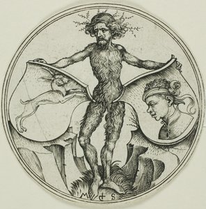 Due scudi con una lepre e una testa di moro, tenuti da un uomo selvatico da Martin Schongauer