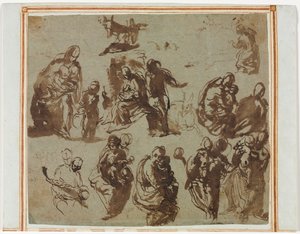 Vari schizzi della Madonna e del Bambino (recto) Studi architettonici (verso) [parzialmente visibili sul recto] da Martin Schongauer