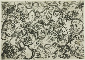 Ornamento a vite con pappagalli e uccelli da Martin Schongauer