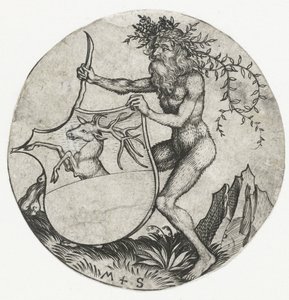 Stemma con un cervo, tenuto da un uomo selvaggio con una clava da Martin Schongauer