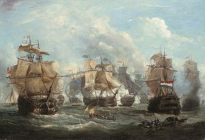 La nave ammiraglia inglese Venerable ingaggia la nave ammiraglia olandese Vrijheid nella battaglia di Camperdown da Martin Schouman