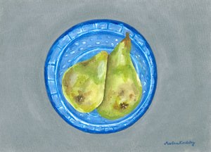 Il piatto del drago blu con due pere sul piatto d