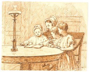 Una madre mostra un libro a tre bambini da Martinus Rørbye