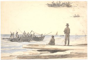 Due barche da pesca che navigano verso la spiaggia di Skagen da Martinus Rørbye