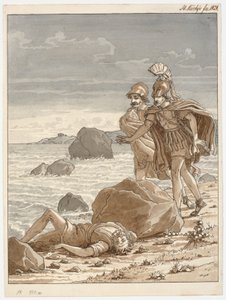 Due guerrieri trovano un uomo arenato sulla spiaggia da Martinus Rørbye