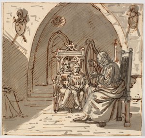 Scena gotica. Un menestrello suona l