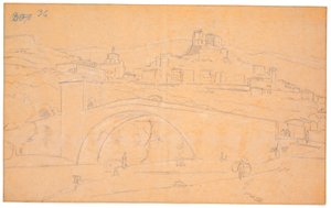 Paesaggio italiano con un ponte su un fiume e la città di Subiaco sullo sfondo da Martinus Rørbye