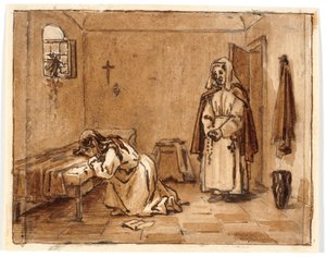 Studio di composizione con una donna che piange in ginocchio, sul pavimento una lettera, dietro di lei una suora