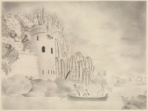 La torre solitaria (Castello sul fiume con salici e barca) da Mary Altha Nims