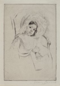 Margot con un cappello floscio appoggiata a una sedia da Mary Cassatt