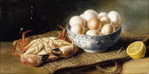 Un granchio e una ciotola di uova su un cesto, con una bottiglia e mezzo limone da Mary E. Powis