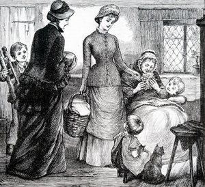 Una donna che dona regali a un povero contadino