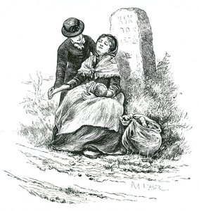Una madre nubile indigente trovata esausta sulla strada per il ricovero con il suo bambino. Scena che ricorda un romanzo di Thomas Hardy ma non rara nelle aree rurali di tutto il paese. Illustrazione di Mary Ellen Edwards c1881 da Mary Ellen Edwards
