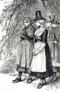 Incisione che raffigura ragazze gallesi a una fiera di Hollantide, una fiera di assunzione, in attesa di essere ingaggiate come domestiche da Mary Ellen Edwards
