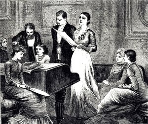 Incisione che raffigura una serata musicale. Illustrato da Mary Ellen Edwards