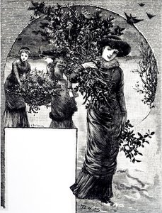 Incisione che raffigura la raccolta di agrifoglio e sempreverdi per le decorazioni natalizie. Illustrato da Mary Ellen Edwards da Mary Ellen Edwards