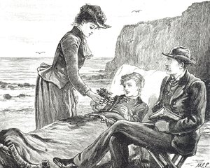 Incisione che raffigura un ragazzo storpio al mare