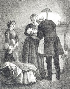 Incisione raffigurante un medico che esamina un bambino con il morbillo da Mary Ellen Edwards