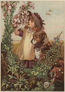 Ragazza con cane che annusa i fiori