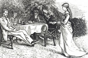 Illustrazione che raffigura una famiglia che fa colazione in giardino da Mary Ellen Edwards