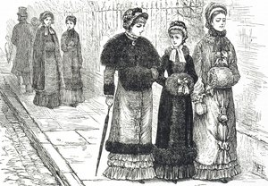 Illustrazione che raffigura giovani donne con manicotti per tenere le mani calde durante il freddo da Mary Ellen Edwards