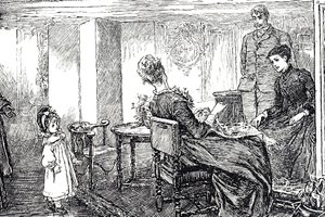 Illustrazione di una bambina accudita dalle sue zie e zio per un pomeriggio da Mary Ellen Edwards