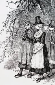 Ragazze gallesi a una fiera di Hollantide, una fiera di assunzione, in attesa di essere ingaggiate come domestiche da Mary Ellen Edwards